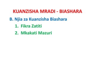KUANZISHA MRADI ‐ BIASHARA
B. Njia za Kuanzisha Biashara
   1.  Fikra Zatiti
   2.  Mkakati Mazuri
   2 Mk k ti M       i
 