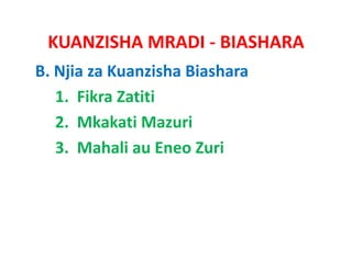 KUANZISHA MRADI ‐ BIASHARA
B. Njia za Kuanzisha Biashara
   1.  Fikra Zatiti
   2.  Mkakati Mazuri
   2 Mk k ti M       i
   3.  Mahali au Eneo
   3. Mahali au Eneo Zuri
 