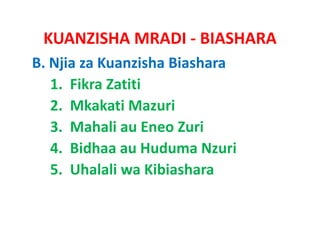 KUANZISHA MRADI ‐ BIASHARA
B. Njia za Kuanzisha Biashara
   1.  Fikra Zatiti
   2.  Mkakati
   2 Mkakati Mazuri
   3.  Mahali au Eneo Zuri
   4.  Bidhaa au Huduma Nzuri
   5.  Uhalali
   5 Uhalali wa Kibiashara
 