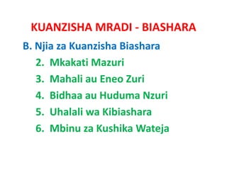 KUANZISHA MRADI ‐ BIASHARA
B. Njia za Kuanzisha Biashara
   2.  Mkakati Mazuri
   3.  Mahali E
   3 M h li au Eneo Z iZuri
   4.  Bidhaa au Huduma
   4. Bidhaa au Huduma Nzuri
   5.  Uhalali wa Kibiashara
   6.  Mbinu za Kushika Wateja
 