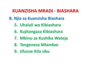 KUANZISHA MRADI ‐ BIASHARA
B. Njia za Kuanzisha Biashara
   5.  Uhalali wa Kibiashara
   6.  Kujitangaza Kibi h
   6 K jit          Kibiashara
   7.  Mbinu
   7. Mbinu za Kushika Wateja
   8.  Tengeneza Mtandao
   9.  Jifunze Kila siku
 