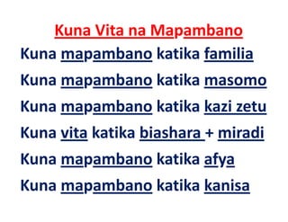Kuna Vita na Mapambano
Kuna mapambano katika familia
Kuna mapambano katika masomo
Kuna mapambano katika kazi zetu
Kuna vita katika biashara + miradi
Kuna mapambano k ik f
          b    katika afya
Kuna mapambano k tik k i
K         b    katika kanisa
 
