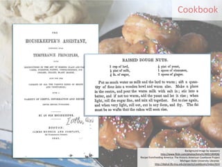 Cookbook




                                       Background image by aaaaavry
                 http://www.flickr.com/photos/kimclit/4692180458/
Recipe fromFeeding America: The Historic American Cookbook Project
                                    Michigan State University Libraries
                                                          15
            http://digital.lib.msu.edu/projects/cookbooks/index.html
 