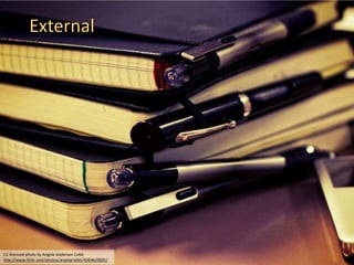 External




CC-licensed photo by Angela Anderson-Cobb               5
http://www.flickr.com/photos/angelariel65/4564629691/
 