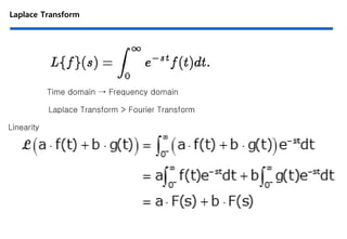 Laplace Transform
Laplace Transform > Fourier Transform
Time domain → Frequency domain
Linearity
 