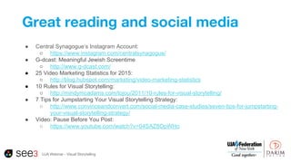 Great reading and social media
UJA Webinar - Visual Storytelling
● Central Synagogue’s Instagram Account:
○ https://www.in...