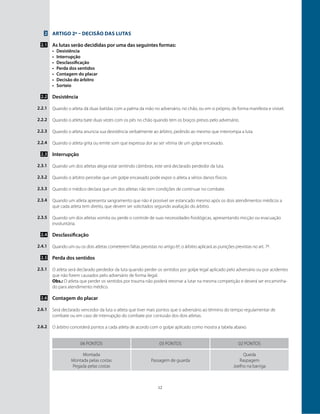 12
Artigo 2º – Decisão das lutas
As lutas serão decididas por uma das seguintes formas:
•	 Desistência
•	 Interrupção
•	 Desclassificação
•	 Perda dos sentidos
•	 Contagem do placar
•	 Decisão do árbitro
•	 Sorteio
Desistência
Quando o atleta dá duas batidas com a palma da mão no adversário, no chão, ou em si próprio, de forma manifesta e visível.
Quando o atleta bate duas vezes com os pés no chão quando tem os braços presos pelo adversário.
Quando o atleta anuncia sua desistência verbalmente ao árbitro, pedindo ao mesmo que interrompa a luta.
Quando o atleta grita ou emite som que expressa dor ao ser vítima de um golpe encaixado.
Interrupção
Quando um dos atletas alega estar sentindo câimbras, este será declarado perdedor da luta.
Quando o árbitro percebe que um golpe encaixado pode expor o atleta a sérios danos físicos.
Quando o médico declara que um dos atletas não tem condições de continuar no combate.
Quando um atleta apresenta sangramento que não é possível ser estancado mesmo após os dois atendimentos médicos a
que cada atleta tem direito, que devem ser solicitados segundo avaliação do árbitro.
Quando um dos atletas vomita ou perde o controle de suas necessidades fisiológicas, apresentando micção ou evacuação
involuntária.
Desclassificação
Quando um ou os dois atletas cometerem faltas previstas no artigo 6º, o árbitro aplicará as punições previstas no art. 7º.
Perda dos sentidos
O atleta será declarado perdedor da luta quando perder os sentidos por golpe legal aplicado pelo adversário ou por acidentes
que não forem causados pelo adversário de forma ilegal.
Obs.: O atleta que perder os sentidos por trauma não poderá retornar a lutar na mesma competição e deverá ser encaminha-
do para atendimento médico.
Contagem do placar
Será declarado vencedor da luta o atleta que tiver mais pontos que o adversário ao término do tempo regulamentar de
combate ou em caso de interrupção do combate por contusão dos dois atletas.
O árbitro concederá pontos a cada atleta de acordo com o golpe aplicado como mostra a tabela abaixo.
2
2.1
2.2
2.2.1
2.2.2
2.2.3
2.2.4
2.3
2.3.1
2.3.2
2.3.3
2.3.4
2.3.5
2.4
2.4.1
2.5
2.5.1
2.6
2.6.1
2.6.2
04 pontos
Montada
Montada pelas costas
Pegada pelas costas
Passagem de guarda
Queda
Raspagem
Joelho na barriga
03 pontos 02 pontos
 
