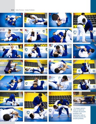 6.3.2 Faltas Técnicas – Golpes Proibidos
16
9
18
12
19
4
20
3
10
5
22
14
7
13
6
15
23
21
1
8
11
17
* As imagens apresen-
tadas na tabela são
exemplos das posições
proibidas e não
representam todas as
variações possíveis das
posições proibidas.
 