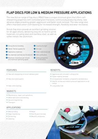 FLAP DISCS FOR LOW & MEDIUM PRESSURE APPLICATIONS
The new Vulcan range of flap discs (R842) have a unique zirconium grain that offers self-
sharpening properties with controlled grain fractures, continuously producing sharp, new
abrasive edges providing greater aggression and faster stock removal. The new range also
offers improved cotton cloth backing for increased strength, flexibility and wear resistance.
Vulcan flap discs provide an excellent grinding solution
for all applications, delivering long life on hard to grind
materials including steel and stainless steel, as well as
softer metals like aluminum. 1
1
3
2
4
5
7
6
9
8
10
Features
•	 New self-sharpening zirconium abrasive grain
•	 New resin bond system
•	 New cotton backing
Benefits
•	 Aggressive and consistent cutting action
•	 Faster material removal
•	 Increased wear resistance compared to standard discs
•	 Ideal for all low and medium pressure applications on all
metals
•	 Long product life
Markets
•	 Maintenance, repair and operations
•	 Metal fabrication and welding
•	 General engineering
•	 Transport
Applications
•	 Weld grinding
•	 Edge chamfering
•	 De-burring
•	 Cleaning
•	 Metal
•	 Rust & paint removal
•	 Wood & composites
1
	Strong Norton branding
2
	‘Better’ Norton quality tier
3 Application materials
4
	Disc diameter and hole size (mm&inch)
5
	Maximum revolutions per minute
and maximum operating speed
6 Country of origin
7 Grit size
8 Order code & barcode
9 OSA certification
10 Safety pictograms
& certifications
 