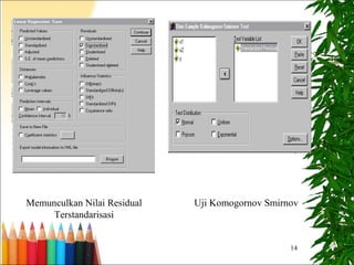 14
Memunculkan Nilai Residual
Terstandarisasi
Uji Komogornov Smirnov
 