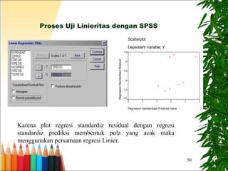 50
Proses Uji Linieritas dengan SPSS
Scatterplot
Dependent Variable: Y
Regression Standardized Predicted Value
210-1-2-3
RegressionStandardizedResidual
1,0
,5
0,0
-,5
-1,0
-1,5
Karena plot regresi standardiz residual dengan regresi
standardiz prediksi membentuk pola yang acak maka
menggunakan persamaan regresi Linier.
 