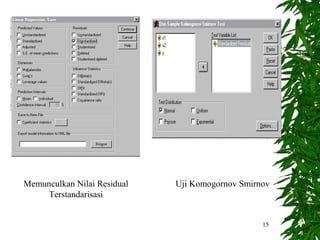 Memunculkan Nilai Residual   Uji Komogornov Smirnov
     Terstandarisasi


                                                 15
 