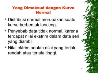 Yang Dimaksud dengan Kurva
             Normal
 Distribusi normal merupakan suatu
  kurve berbentuk lonceng.
 Penyebab data tidak normal, karena

  terdapat nilai ekstrim dalam data seri
  yang diambil.
 Nilai ektrim adalah nilai yang terlalu

  rendah atau terlalu tinggi.


                                           4
 