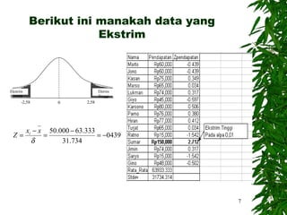 Berikut ini manakah data yang
                      Ekstrim



Ekstrim                             Ektrim
Rendah                              Tinggi
      -2,58         0        2,58




          xi − x 50.000 − 63.333
 Z=             =                = −0439
            δ        31.734




                                             7
 