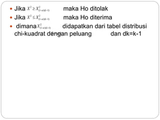  Jika maka Ho ditolak
 Jika maka Ho diterima
 dimana didapatkan dari tabel distribusi
chi-kuadrat dengan peluang dan dk=k-1
2
)1)(1(
2
 kXX 
2
)1)(1(
2
 kXX 
2
)1)(1(  kX 
)1( 
 