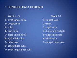 • CONTOH SKALA HEDONIK
• SKALA 1 – 9
1= amat sangat suka
2= sangat suka
3= suka
4= agak suka
5= biasa saja (netral)
6= agak tidak suka
7= tidak suka
8= sangat tidak suka
9= amat sangat tidak suka

SKALA 1-7
1= sangat suka
2= suka
3= agak suka
4= biasa saja (netral)
5= agak tidak suka
6= tidak suka
7= sangat tidak suka

 