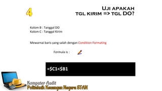Kolom B : Tanggal DO
Kolom C : Tanggal Kirim
Mewarnai baris yang salah dengan Condition Formating
=$C1<$B1
Formula is :
Uji apakah
tgl kirim => tgl DO?
 