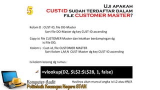Ennoch Sindang
Isi kolom kosong dg rumus :
Uji apakah
CUST-ID sudah terdaftar dalam
file CUSTOMER MASTER?
Hasilnya akan muncul angka isi L2 atau #N/A
Kolom D : CUST-ID, file DO-Master
Copy isi file CUSTOMER Master dan letakkan berdampingan dg
isi file DO,
Kolom L : Cust-id, file CUSTOMER MASTER
Sort file DO-Master dg key CUST-ID ascending
Sort Kolom L,M,N CUST-Master dg key CUST-ID ascending
=vlookup(D2, $L$2:$L$28, 1, false)
 