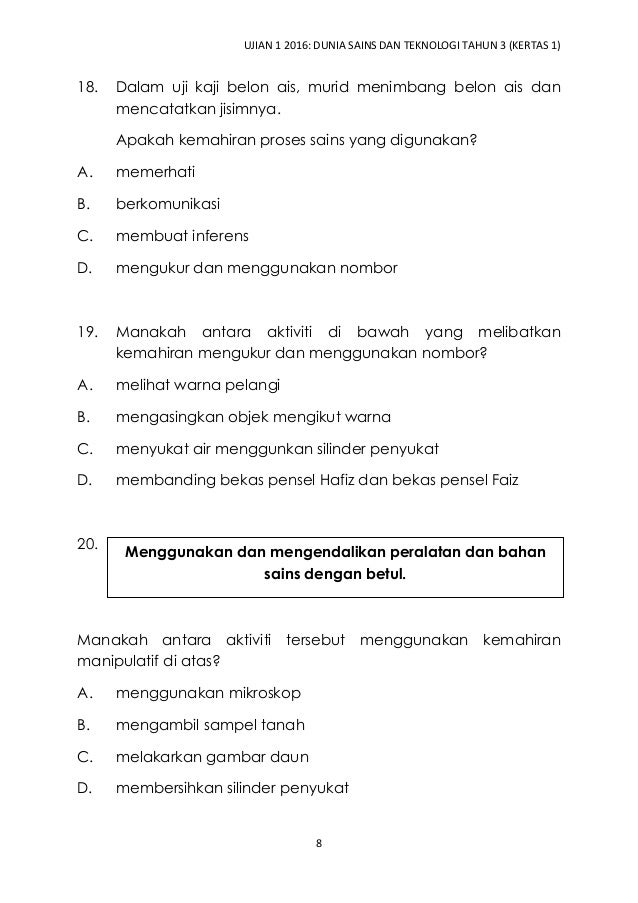Dunia Sains dan Teknologi Tahun 3 Ujian 1 Kertas 1 2016