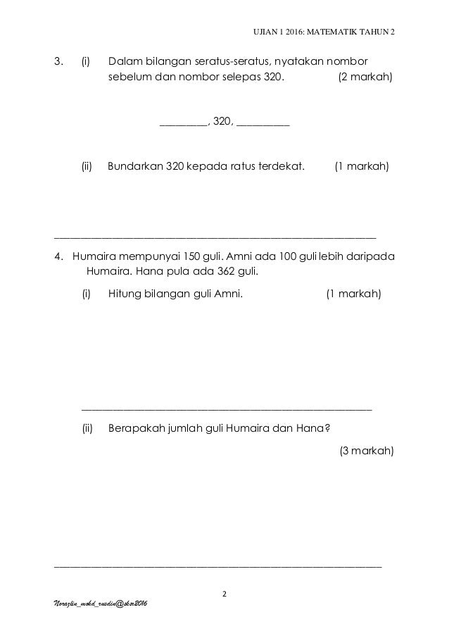 Matematik Tahun 2 Ujian 1 Kertas 2