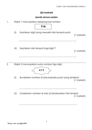 Matematik Tahun 2 Ujian 1 Kertas 2 Set 2