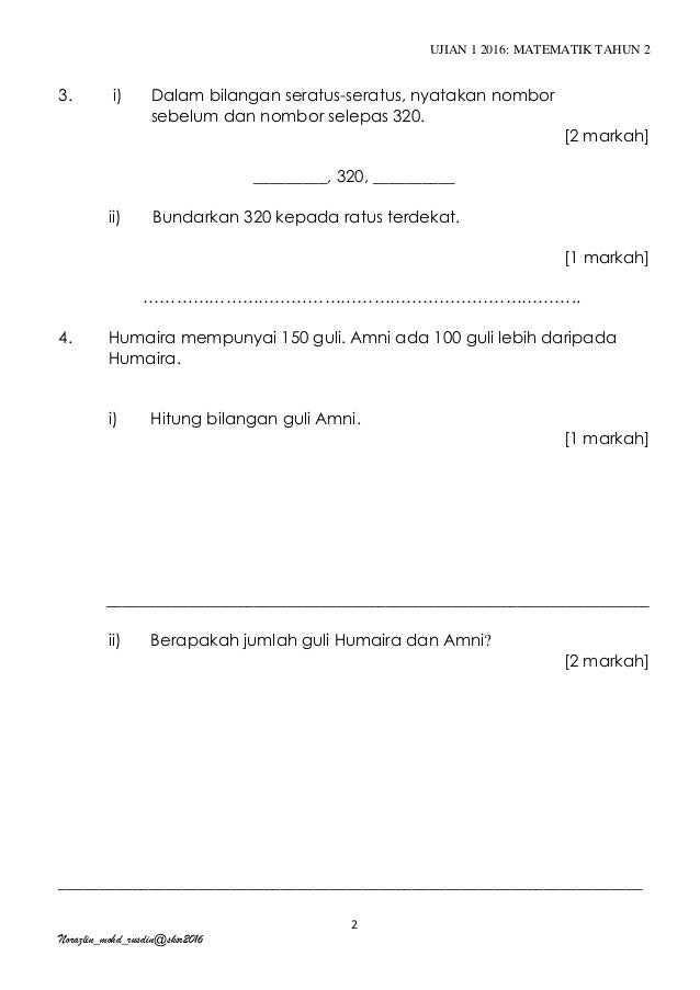 Matematik Tahun 2 Ujian 1 Kertas 2 Set 2