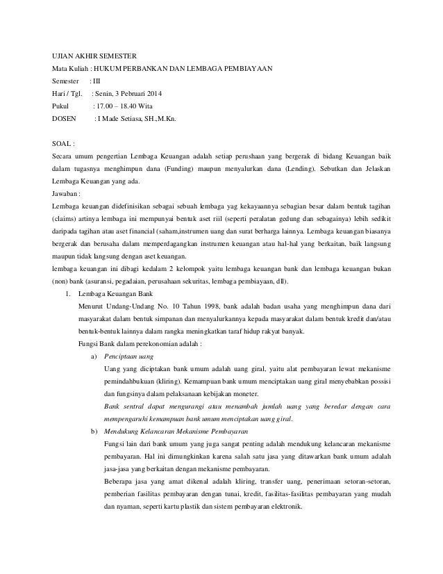 Contoh Soal Perbankan Soal Pilihan Ganda Tentang