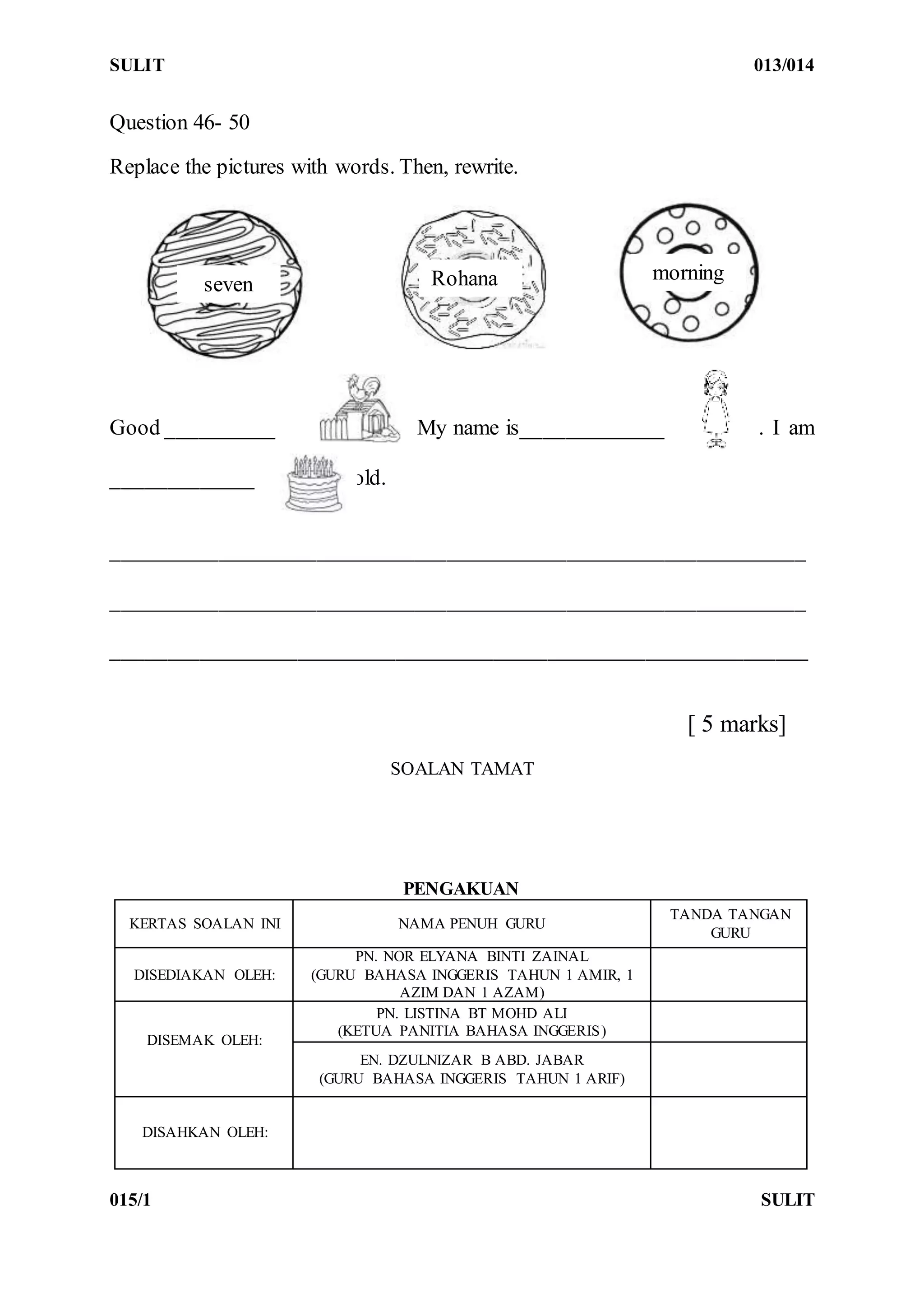 SULIT 013/014
015/1 SULIT
Question 46- 50
Replace the pictures with words. Then, rewrite.
Good __________ . My name is_____________ . I am
_____________ years old.
________________________________________________________________
________________________________________________________________
________________________________________________________________
[ 5 marks]
SOALAN TAMAT
PENGAKUAN
KERTAS SOALAN INI NAMA PENUH GURU
TANDA TANGAN
GURU
DISEDIAKAN OLEH:
PN. NOR ELYANA BINTI ZAINAL
(GURU BAHASA INGGERIS TAHUN 1 AMIR, 1
AZIM DAN 1 AZAM)
DISEMAK OLEH:
PN. LISTINA BT MOHD ALI
(KETUA PANITIA BAHASA INGGERIS)
EN. DZULNIZAR B ABD. JABAR
(GURU BAHASA INGGERIS TAHUN 1 ARIF)
DISAHKAN OLEH:
Rohanaseven
morning
 
