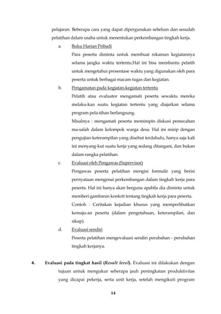 14
pelajaran. Beberapa cara yang dapat dipergunakan sebelum dan sesudah
pelatihan dalam usaha untuk menentukan perkembangan tingkah kerja.
a. Buku Harian Pribadi
Para peserta diminta untuk membuat rekaman kegiatannya
selama jangka waktu tertentu.Hal ini bisa membantu pelatih
untuk mengetahui prosentase waktu yang digunakan oleh para
peserta untuk berbagai macam tugas dan kegiatan.
b. Pengamatan pada kegiatan-kegiatan tertentu
Pelatih atau evaluator mengamati peserta sewaktu mereka
melaku-kan suatu kegiatan tertentu yang diajarkan selama
program pela-tihan berlangsung.
Misalnya : mengamati peserta memimpin diskusi pemecahan
ma-salah dalam kelompok warga desa. Hal ini mirip dengan
pengujian keterampilan yang disebut terdahulu, hanya saja kali
ini menyang-kut suatu kerja yang sedang ditangani, dan bukan
dalam rangka pelatihan.
c. Evaluasi oleh Pengawas (Supervisor)
Pengawas peserta pelatihan mengisi formulir yang berisi
pernyataan mengenai perkembangan dalam tingkah kerja para
peserta. Hal ini hanya akan berguna apabila dia diminta untuk
memberi gambaran konkrit tentang tingkah kerja para peserta.
Contoh : Ceritakan kejadian khusus yang memperlihatkan
kemaju-an peserta (dalam pengetahuan, keterampilan, dan
sikap).
d. Evaluasi sendiri
Peserta pelatihan mengevaluasi sendiri perubahan - perubahan
tingkah kerjanya.
4. Evaluasi pada tingkat hasil (Result level). Evaluasi ini dilakukan dengan
tujuan untuk mengukur seberapa jauh peningkatan produktivitas
yang dicapai pekerja, serta unit kerja, setelah mengikuti program
 