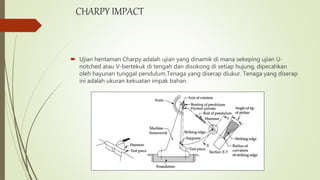 CHARPY IMPACT
 Ujian hentaman Charpy adalah ujian yang dinamik di mana sekeping ujian U-
notched atau V-bertekuk di tengah dan disokong di setiap hujung, dipecahkan
oleh hayunan tunggal pendulum.Tenaga yang diserap diukur. Tenaga yang diserap
ini adalah ukuran kekuatan impak bahan.
 