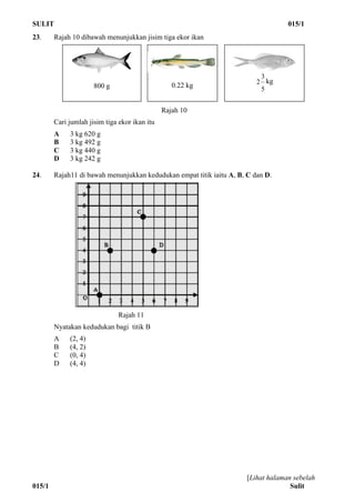 SULIT 015/1
[Lihat halaman sebelah
015/1 Sulit
23. Rajah 10 dibawah menunjukkan jisim tiga ekor ikan
Rajah 10
Cari jumlah jisim tiga ekor ikan itu
A 3 kg 620 g
B 3 kg 492 g
C 3 kg 440 g
D 3 kg 242 g
24. Rajah11 di bawah menunjukkan kedudukan empat titik iaitu A, B, C dan D.
Rajah 11
Nyatakan kedudukan bagi titik B
A (2, 4)
B (4, 2)
C (0, 4)
D (4, 4)
800 g 0.22 kg
5
3
2 kg
 