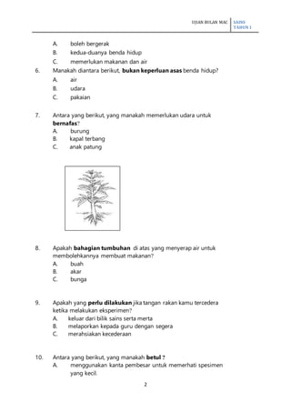 UJIAN BULAN MAC SAINS
TAHUN 1
2
A. boleh bergerak
B. kedua-duanya benda hidup
C. memerlukan makanan dan air
6. Manakah diantara berikut, bukan keperluan asas benda hidup?
A. air
B. udara
C. pakaian
7. Antara yang berikut, yang manakah memerlukan udara untuk
bernafas?
A. burung
B. kapal terbang
C. anak patung
8. Apakah bahagian tumbuhan di atas yang menyerap air untuk
membolehkannya membuat makanan?
A. buah
B. akar
C. bunga
9. Apakah yang perlu dilakukan jika tangan rakan kamu tercedera
ketika melakukan eksperimen?
A. keluar dari bilik sains serta merta
B. melaporkan kepada guru dengan segera
C. merahsiakan kecederaan
10. Antara yang berikut, yang manakah betul ?
A. menggunakan kanta pembesar untuk memerhati spesimen
yang kecil.
 