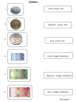 Lima puluh sen 
Sepuluh puluh sen 
Dua puluh sen 
Lima ringgit Malaysia 
Sepuluh ringgit Malaysia 
Satu ringgit Malaysia 
1. 
2. 
3. 
4. 
5. 
6. 
Suaikan 
18 markah 
 