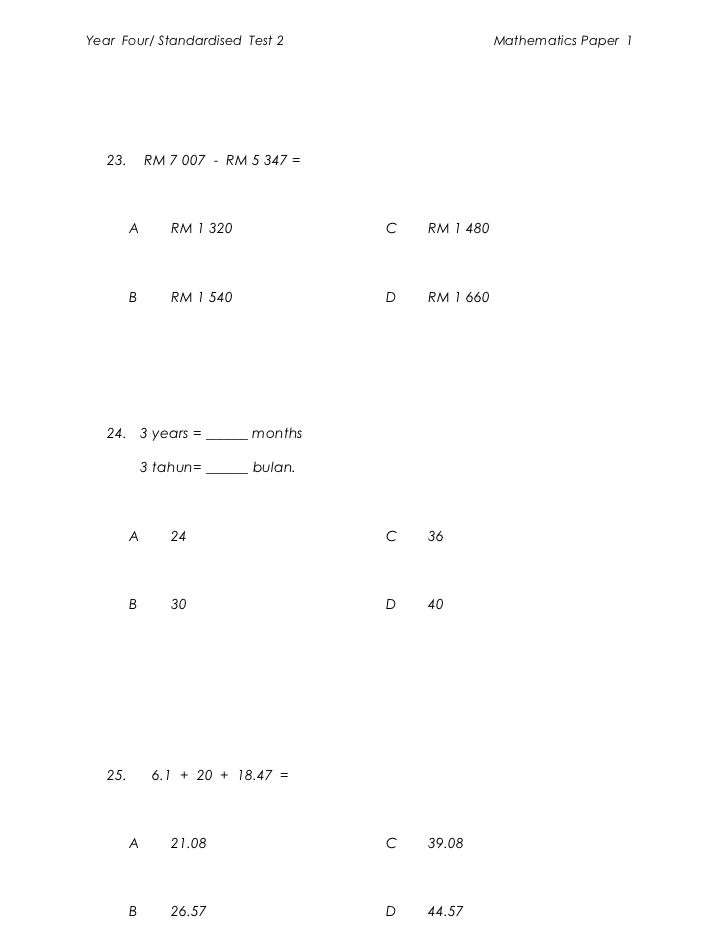 Ujian Matematik Tahun 4 K1 Ujian Matematik Tahun 4 K1
