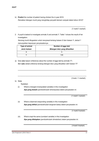 SULIT

b) Predict the number of patient having chicken fox in year 2010.
Ramalkan bilangan murid yang menghidap penyakit demam campak dalam tahun 2010?

_________________________________________________________________________
(1 mark/1 markah)

2. A pupil is tasked to investigate animals X and animals Y. Table 1 shows the result of her
investigation.
Seorang murid ditugaskan untuk menyiasat tentang haiwan X dan haiwan Y. Jadual 1
menunjukkan keputusan penyiasatannya.
Type of animal

Number of eggs laid

Jenis haiwan

Bilangan telur yang dihasilkan

X

5

Y

135

a) Give one reason (inference) about the number of eggs laid by animals Y?.
Beri satu sebab (inferens) tentang bilangan telur yang dihasilkan oleh haiwan Y?

__________________________________________________________________________

__________________________________________________________________________
(1mark / 1 markah)
b) State
Nyatakan
(i)

What is changed (manipulated variable) in this investigation
Apa yang diubah (pembolehubah dimanipulasi) dalam penyiasatan ini.

(1 mark/1 markah)

(ii)

What is observed (responding variable) in this investigation
Apa yang dilihat (pembolehubah bergerak balas) dalam penyiasatan ini.

(1 mark/1markah)

(iii)

What is kept the same (constant variable) in this investigation
Apa yang ditetapkan (pembolehubah dimalarkan) dalam penyiasatan ini.

(1mark/1markah)

Ujian Pengesanan 1/2013 Tahun 5

13

 