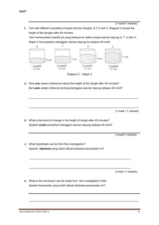 SULIT

(1 mark/1 markah)
4. Yani add different quantities of yeast into four doughs, S,T.U and V. Diagram 2 shows the
height of the doughs after 45 minutes,
Yani memasukkan kuantiti yis yang berbeza ke dalam empat adunan tepung S, T, U dan V.
Rajah 2 menunjukkan ketinggian adunan tepung itu selepas 45 minit.

Diagram 2 / Rajah 2

a) Give one reason (inference) about the height of the dough after 45 minutes?
Beri satu sebab (inferens) tentang ketinggian adunan tepung selepas 45 minit?

__________________________________________________________________________

__________________________________________________________________________
(1 mark / 1 markah)

b) What is the trend of change in the height of dough after 45 minutes?
Apakah corak perubahan ketinggian adunan tepung selepas 45 minit?

(1mark/1 markah)

c) What hypothesis can be from this investigation?
Apakah hipotesis yang boleh dibuat daripada penyiasatan ini?

_____________________________________________________________________

_____________________________________________________________________
(1mark /1 markah)

d) What is the conclusion can be made from this investigation? (K9)
Apakah kesimpulan yang boleh dibuat daripada penyiasatan ini?

__________________________________________________________________________

Ujian Pengesanan 1/2013 Tahun 5

15

 