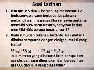 Soal Latihan
1. Jika unsur S dan O bergabung membentuk 2
   jenis senyawa yang berbeda, bagaimana
   perbandingan massanya jika senyawa pertama
   memiliki 50% berat unsur S, senyawa kedua
   memiliki 40% berapa berat unsur S?
2. Pada suhu dan tekanan tertentu. Gas metana
   dibakar sempurna dengan oksigen, reaksi yang
   terjadi :
   CH4 (g)+ O2 (g)   CO2 (g) + H2O (g)
    bila metena yang dibakar 3 liter, berapa liter
   gas oksigen yang diperlukan dan berapa liter
   gas CO2 dan H2O yang dihasilkan?
 