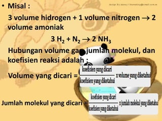 • Misal :
  3 volume hidrogen + 1 volume nitrogen  2
  volume amoniak
               3 H2 + N2  2 NH3
  Hubungan volume gas, jumlah molekul, dan
  koefisien reaksi adalah :
  Volume yang dicari =


Jumlah molekul yang dicari =
 