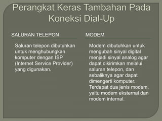 SALURAN TELEPON                MODEM

 Saluran telepon dibutuhkan    Modem dibutuhkan untuk
 untuk menghubungkan           mengubah sinyal digital
 komputer dengan ISP           menjadi sinyal analog agar
 (Internet Service Provider)   dapat dikirimkan melalui
 yang digunakan.               saluran telepon, dan
                               sebaliknya agar dapat
                               dimengerti komputer.
                               Terdapat dua jenis modem,
                               yaitu modem eksternal dan
                               modem internal.
 