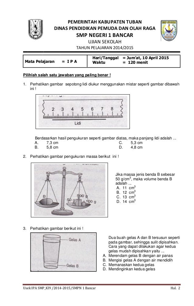 SOAL UJIAN SEKOLAH IPA KELAS 9 SMP TP2014 2015