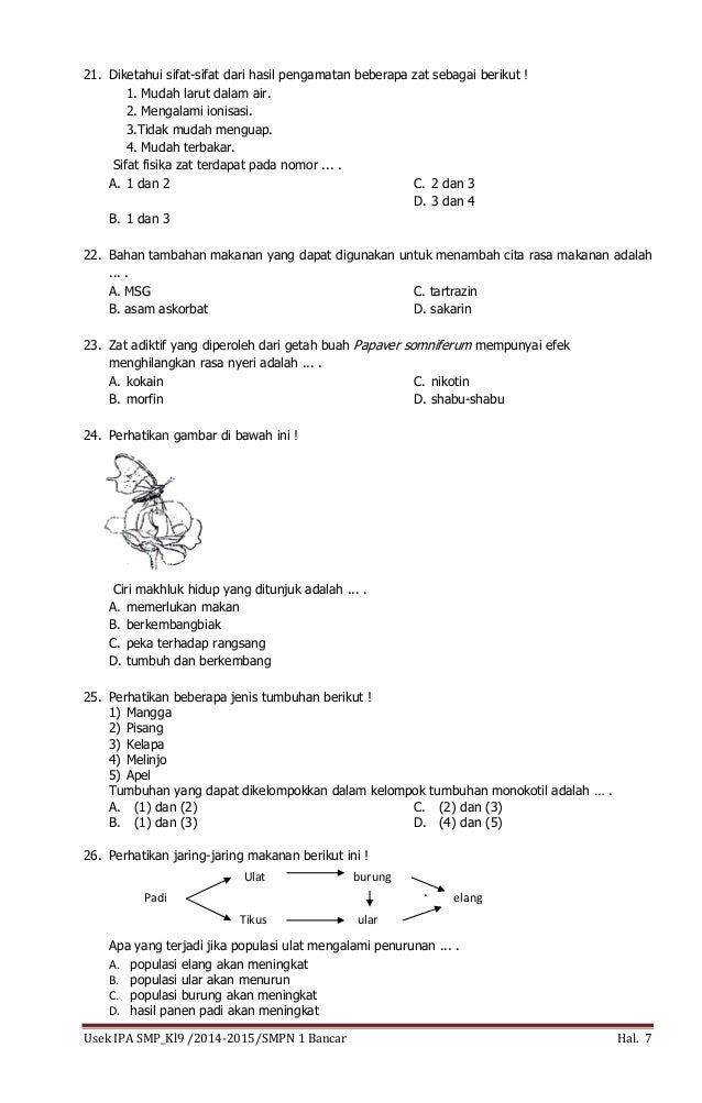 SOAL UJIAN SEKOLAH IPA KELAS 9 SMP TP2014 2015