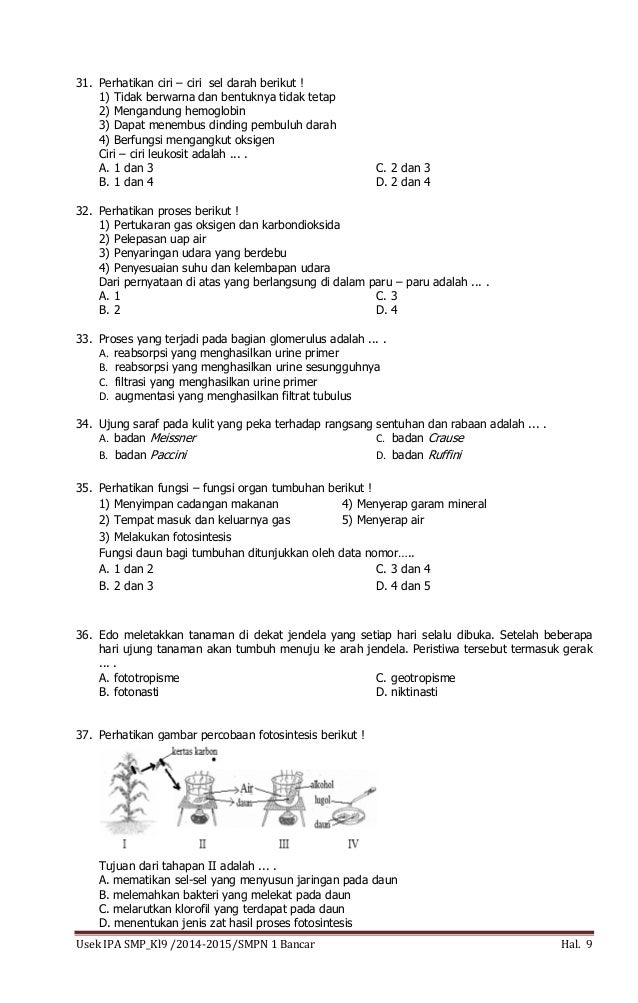SOAL UJIAN SEKOLAH IPA KELAS 9 SMP TP-2014 2015