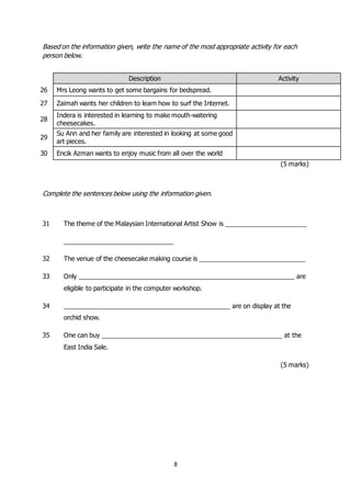 8
Based on the information given, write the name of the most appropriate activity for each
person below.
(5 marks)
Complete the sentences below using the information given.
31 The theme of the Malaysian International Artist Show is _______________________
_______________________________
32 The venue of the cheesecake making course is ______________________________
33 Only _____________________________________________________________ are
eligible to participate in the computer workshop.
34 _______________________________________________ are on display at the
orchid show.
35 One can buy ___________________________________________________ at the
East India Sale.
(5 marks)
Description Activity
26 Mrs Leong wants to get some bargains for bedspread.
27 Zaimah wants her children to learn how to surf the Internet.
28
Indera is interested in learning to make mouth-watering
cheesecakes.
29
Su Ann and her family are interested in looking at some good
art pieces.
30 Encik Azman wants to enjoy music from all over the world
 