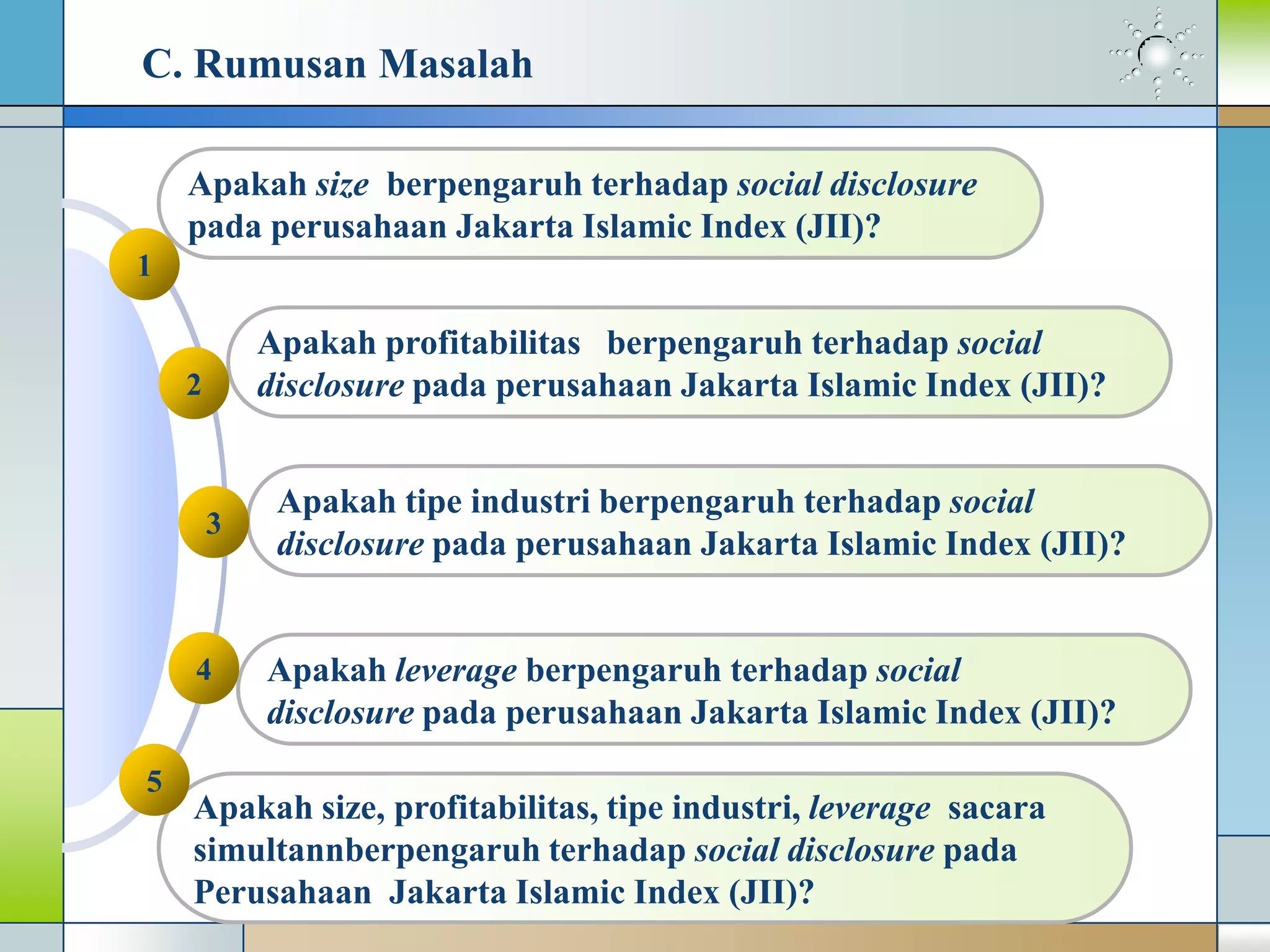C. Rumusan Masalah
Apakah profitabilitas berpengaruh terhadap social
disclosure pada perusahaan Jakarta Islamic Index (JII)?
Apakah size berpengaruh terhadap social disclosure
pada perusahaan Jakarta Islamic Index (JII)?
Apakah tipe industri berpengaruh terhadap social
disclosure pada perusahaan Jakarta Islamic Index (JII)?
Apakah leverage berpengaruh terhadap social
disclosure pada perusahaan Jakarta Islamic Index (JII)?
Apakah size, profitabilitas, tipe industri, leverage sacara
simultannberpengaruh terhadap social disclosure pada
Perusahaan Jakarta Islamic Index (JII)?
1
2
4
3
5
 