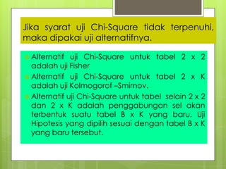 Jika syarat uji Chi-Square tidak terpenuhi,
maka dipakai uji alternatifnya.
 Alternatif

uji Chi-Square untuk tabel 2 x 2
adalah uji Fisher
 Alternatif uji Chi-Square untuk tabel 2 x K
adalah uji Kolmogorof –Smirnov.
 Alternatif uji Chi-Square untuk tabel selain 2 x 2
dan 2 x K adalah penggabungan sel akan
terbentuk suatu tabel B x K yang baru. Uji
Hipotesis yang dipilih sesuai dengan tabel B x K
yang baru tersebut.

 