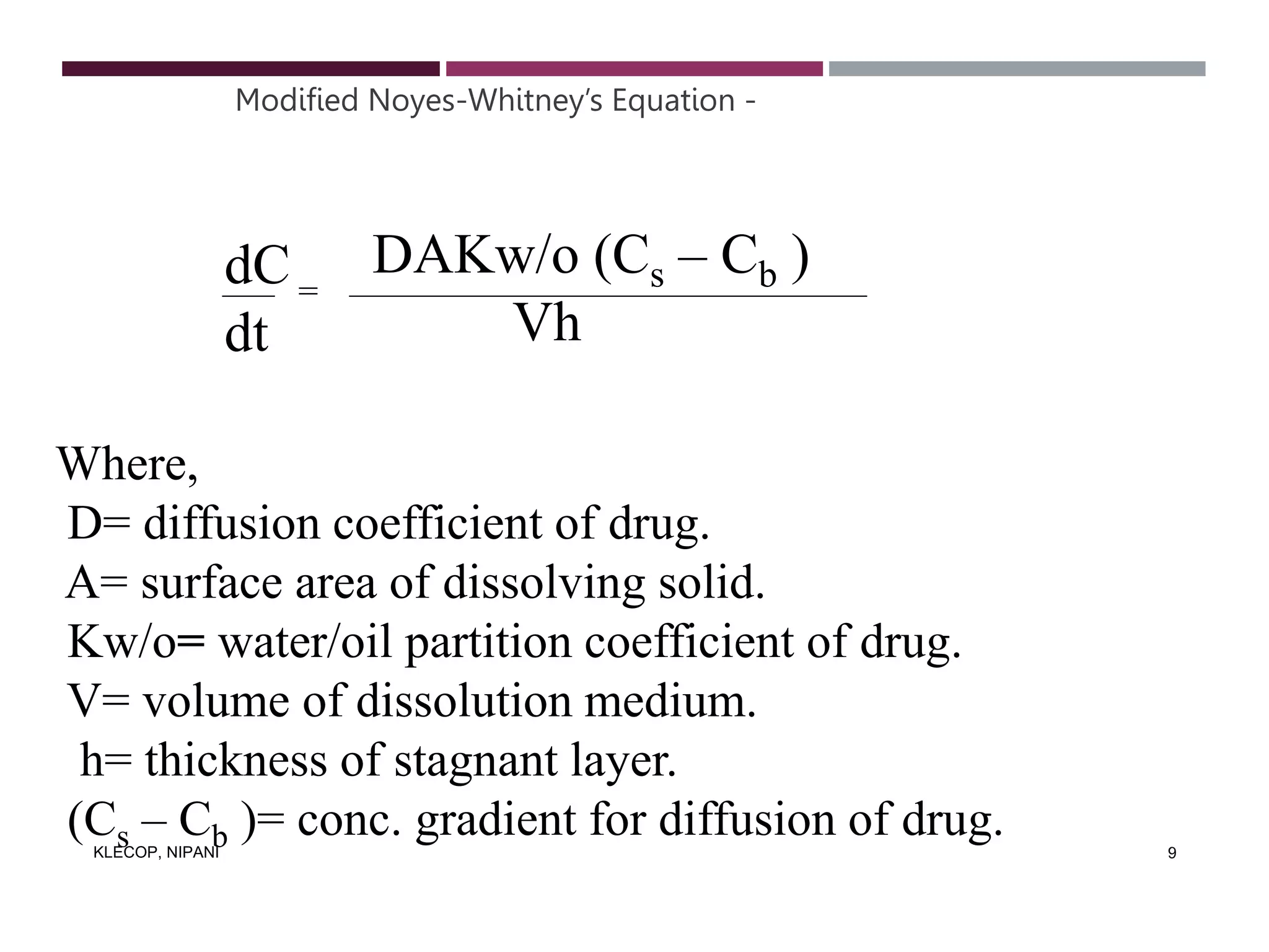 KLECOP, NIPANI 9
Modified Noyes-Whitney’s Equation -
dC
dt
Where,
D= diffusion coefficient of drug.
A= surface area of dissolving solid.
Kw/o= water/oil partition coefficient of drug.
V= volume of dissolution medium.
h= thickness of stagnant layer.
(Cs – Cb )= conc. gradient for diffusion of drug.
DAKw/o (Cs – Cb )
Vh
=
 