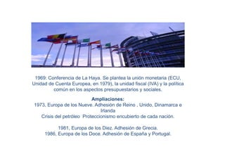 1969: Conferencia de La Haya. Se plantea la unión monetaria (ECU,
Unidad de Cuenta Europea, en 1979), la unidad fiscal (IVA) y la política
         común en los aspectos presupuestarios y sociales.

                           Ampliaciones:
1973, Europa de los Nueve. Adhesión de Reino , Unido, Dinamarca e
                               Irlanda
   Crisis del petróleo Proteccionismo encubierto de cada nación.

           1981, Europa de los Diez. Adhesión de Grecia.
     1986, Europa de los Doce. Adhesión de España y Portugal.
 