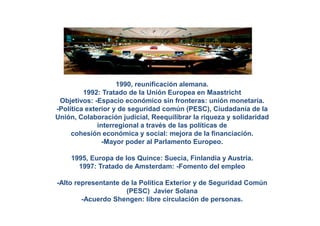 1990, reunificación alemana.
         1992: Tratado de la Unión Europea en Maastricht
 Objetivos: -Espacio económico sin fronteras: unión monetaria.
-Política exterior y de seguridad común (PESC), Ciudadanía de la
Unión, Colaboración judicial, Reequilibrar la riqueza y solidaridad
              interregional a través de las políticas de
     cohesión económica y social: mejora de la financiación.
                -Mayor poder al Parlamento Europeo.

    1995, Europa de los Quince: Suecia, Finlandia y Austria.
      1997: Tratado de Amsterdam: -Fomento del empleo

-Alto representante de la Política Exterior y de Seguridad Común
                     (PESC) Javier Solana
        -Acuerdo Shengen: libre circulación de personas.
 