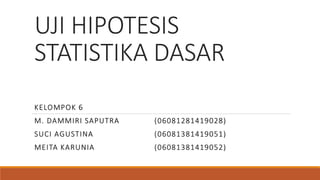 UJI HIPOTESIS
STATISTIKA DASAR
KELOMPOK 6
M. DAMMIRI SAPUTRA (06081281419028)
SUCI AGUSTINA (06081381419051)
MEITA KARUNIA (06081381419052)
 