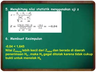 5. Menghitung nilai statistik menggunakan uji z
6. Membuat Kesimpulan
-0,04 < 1,645
Nilai Zhitung lebih kecil dari Ztabel dan berada di daerah
penerimaan H0 , maka H0 gagal ditolak karena tidak cukup
bukti untuk menolak H0.
 